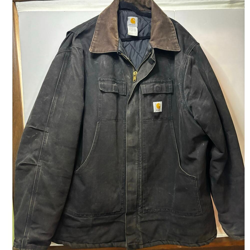 Carhartt J02 Mens Black Duck Detroit Jacket Brown Corduroy Collar 54 Tall USA